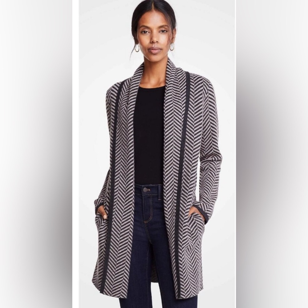 Ann Taylor Cardigan Duster Open Long Wool Blend Herringbone Pockets small